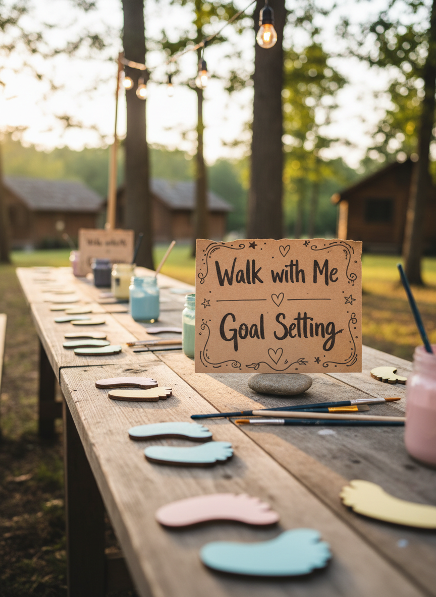 A playful camp activity station set on a long, rustic wooden table outdoors, featuring small, colorful wooden footprint cutouts in pastel blues, pinks, and yellows, laid out beside brushes and open jars of acrylic paint. A hand-lettered sign on kraft paper reads “Walk with Me – Goal Setting” with doodled stars and hearts around the words. The table is under a simple canopy of string lights and surrounded by blurred greenery and cabin roofs in the background. Late afternoon sunlight filters through nearby trees, creating soft, warm highlights on the paint jars and a gentle bokeh behind. Captured at an angle along the table’s length in photographic realism, the mood is creative, hopeful, and youthfully energetic, emphasizing spiritual growth in a fun way.
