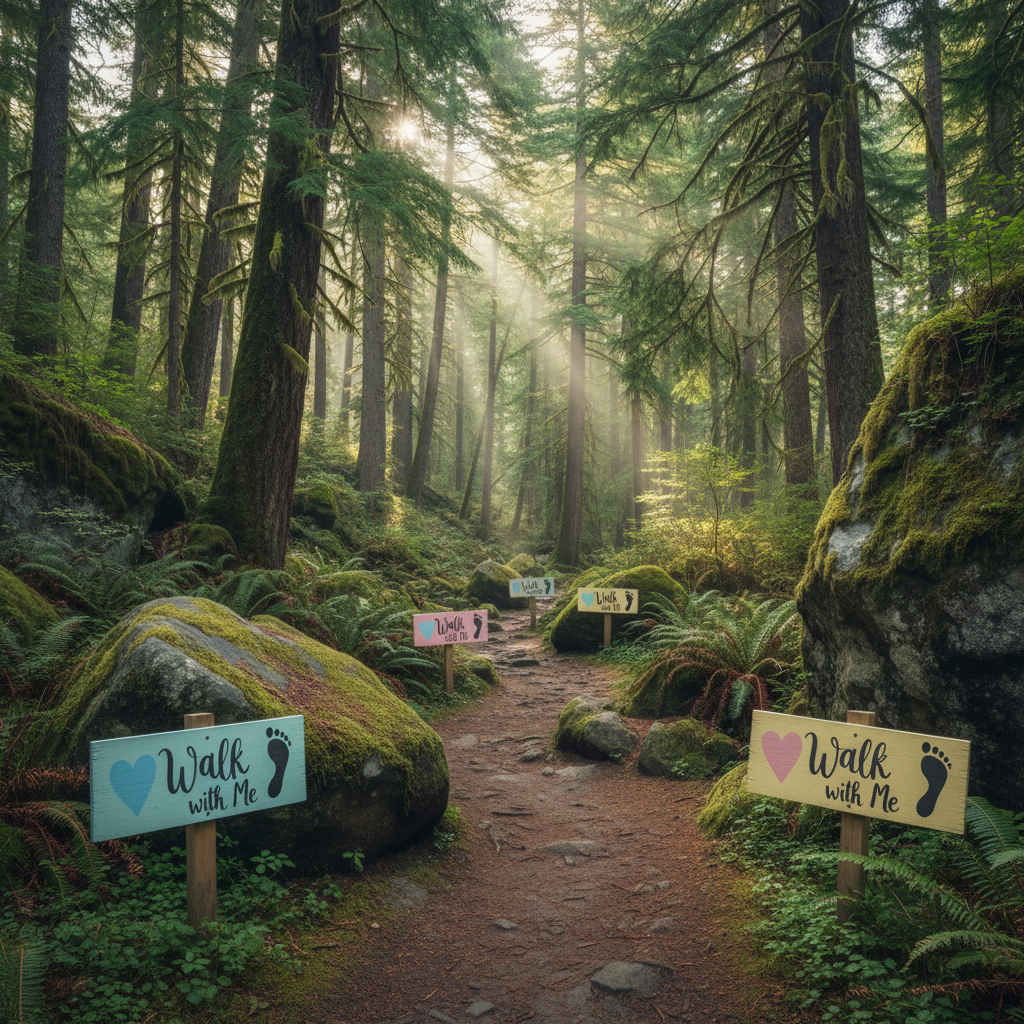 A winding dirt camp trail lined with moss-covered rocks and towering evergreens, curving playfully through a lush Pacific Northwest forest. Along the path, handcrafted wooden signs painted in soft pastel colors display the words “Walk with Me” in friendly, hand-lettered script, accompanied by simple heart and footprint illustrations. Soft morning light filters through the dense canopy, creating dappled highlights on the trail and gentle beams of light in the misty air. Shot from a low, eye-level perspective with photographic realism, the composition leads the viewer’s eye down the inviting path. The mood is hopeful, adventurous, and gently spiritual, evoking the idea of walking with the Savior and with friends at camp.