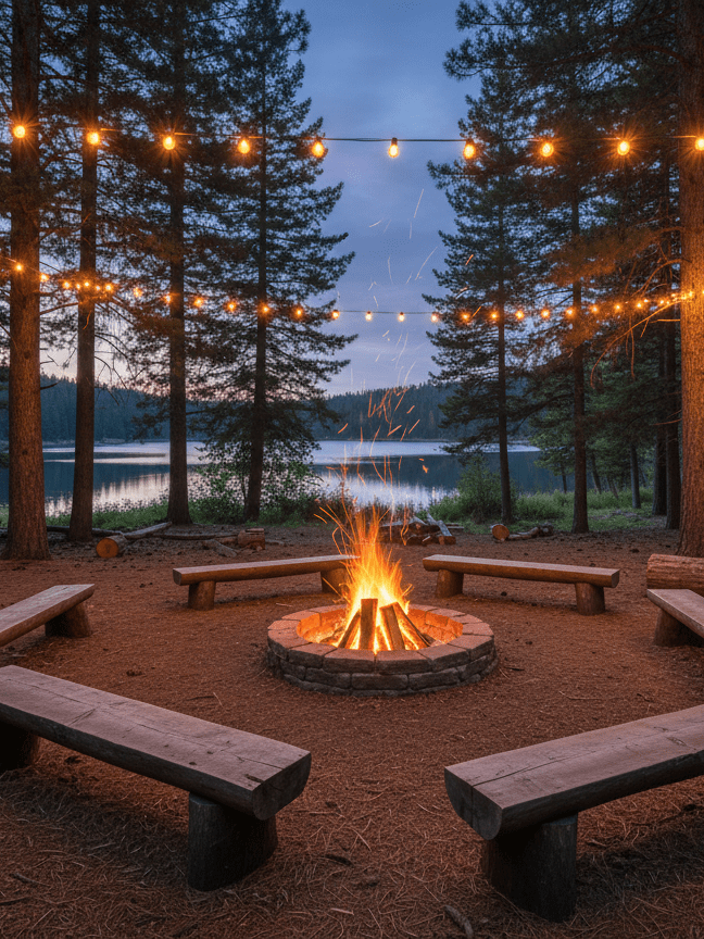 A cozy campfire circle at dusk, photographed without any people, featuring a ring of simple wooden benches surrounding a well-built stone fire pit. The glowing fire sends up soft orange embers against the deep blue evening sky, while strings of warm, round fairy lights stretch overhead between tall pine trees, adding a playful sparkle. Nearby, a rustic wooden sign carved with the phrase “Young Women’s Camp” and a small engraved pair of footprints leans against a log. The photographic image is shot from a slightly elevated angle, with a wide depth of field showing the forest and a distant lake beyond. The mood is welcoming, joyful, and Christ-centered, perfect for a spiritual camp gathering space.