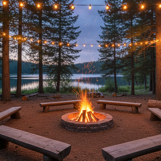 A cozy campfire circle at dusk, photographed without any people, featuring a ring of simple wooden benches surrounding a well-built stone fire pit. The glowing fire sends up soft orange embers against the deep blue evening sky, while strings of warm, round fairy lights stretch overhead between tall pine trees, adding a playful sparkle. Nearby, a rustic wooden sign carved with the phrase “Young Women’s Camp” and a small engraved pair of footprints leans against a log. The photographic image is shot from a slightly elevated angle, with a wide depth of field showing the forest and a distant lake beyond. The mood is welcoming, joyful, and Christ-centered, perfect for a spiritual camp gathering space.
